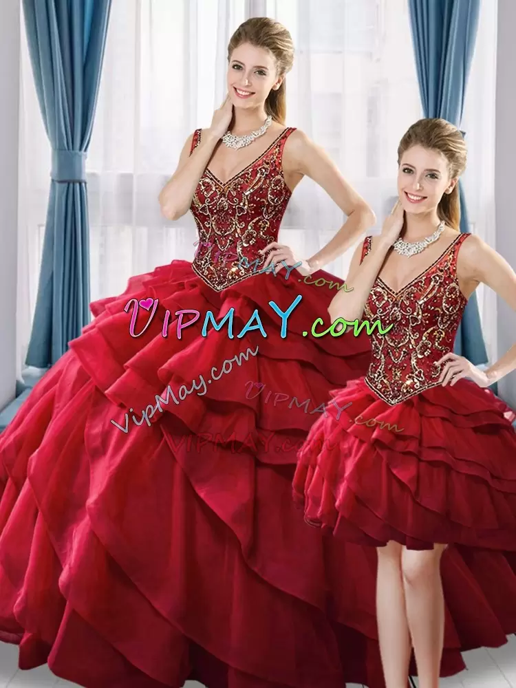 Lovely Wine Red Ball Gowns Beading and Ruffled Layers 15th Birthday Dress Lace Up Tulle Sleeveless Floor Length