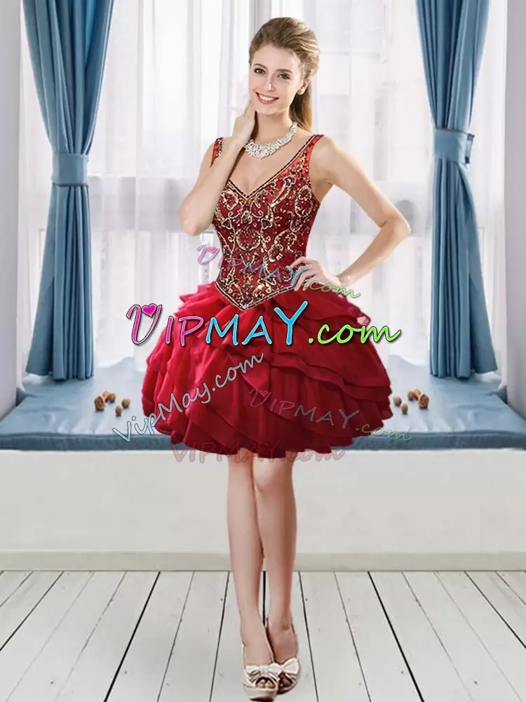 Lovely Wine Red Ball Gowns Beading and Ruffled Layers 15th Birthday Dress Lace Up Tulle Sleeveless Floor Length