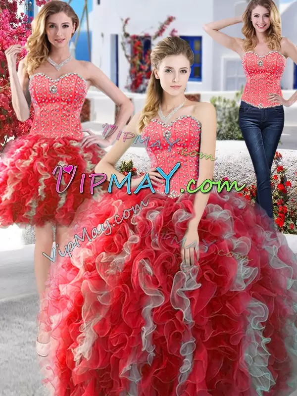 Affordable White and Red Sweetheart Neckline Beading Quinceanera Gowns Sleeveless Lace Up