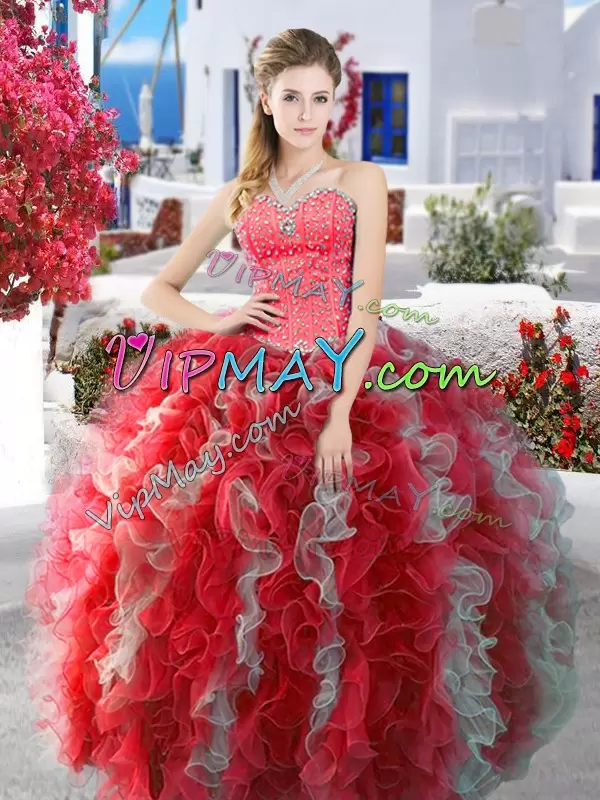 Affordable White and Red Sweetheart Neckline Beading Quinceanera Gowns Sleeveless Lace Up