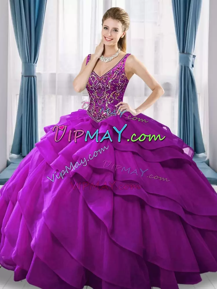 Sleeveless Beading and Ruffled Layers Lace Up Quinceanera Gowns with Purple Sweep Train