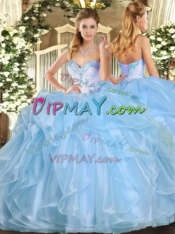 Elegant Blue Ball Gowns Beading and Ruffles Quinceanera Dress Lace Up Organza Sleeveless Floor Length