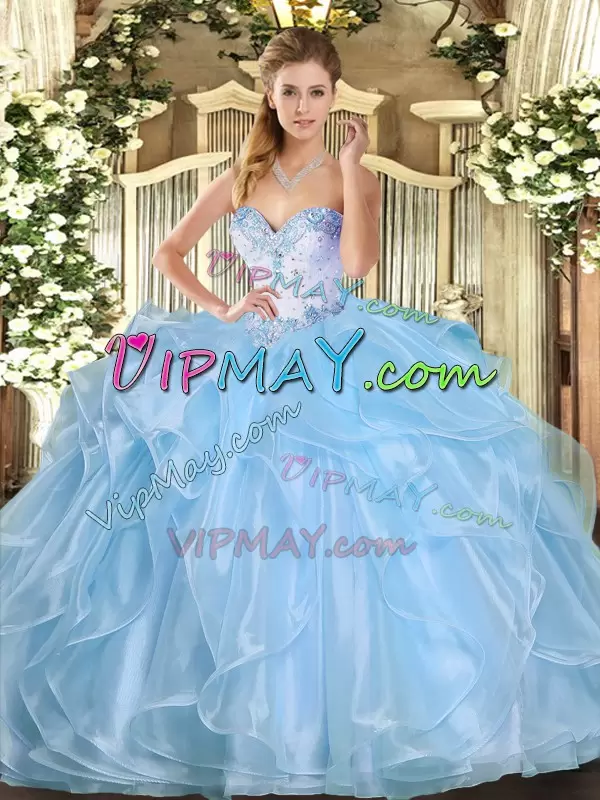 Elegant Blue Ball Gowns Beading and Ruffles Quinceanera Dress Lace Up Organza Sleeveless Floor Length