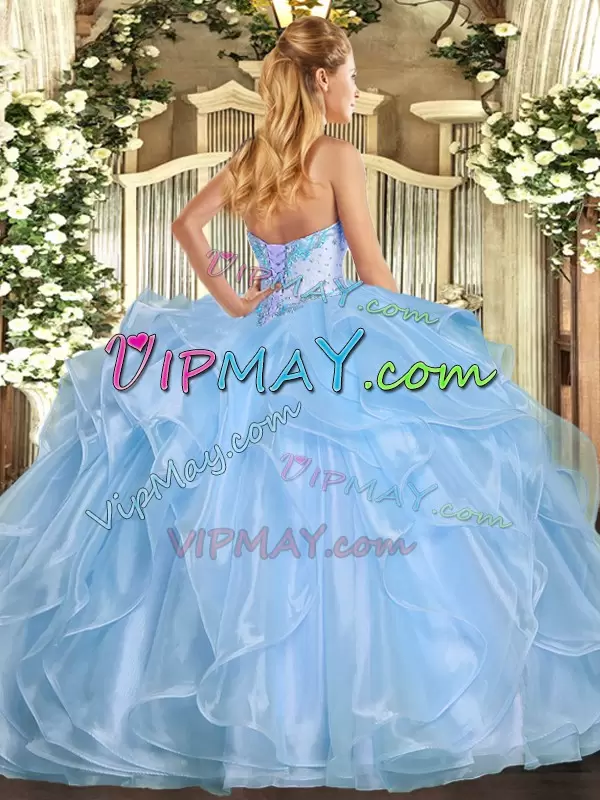 Elegant Blue Ball Gowns Beading and Ruffles Quinceanera Dress Lace Up Organza Sleeveless Floor Length