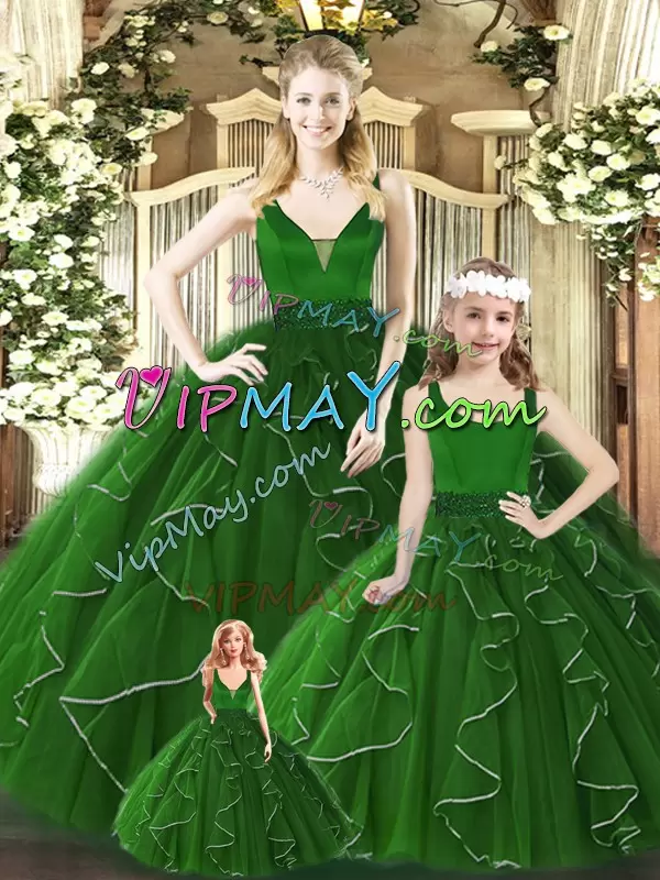 New Arrival Beading and Ruffles Quince Ball Gowns Green Zipper Sleeveless Floor Length