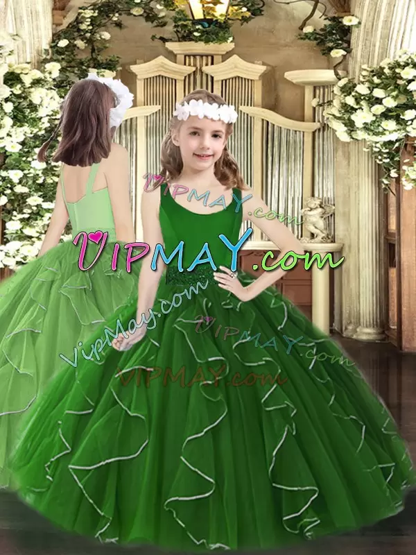 New Arrival Beading and Ruffles Quince Ball Gowns Green Zipper Sleeveless Floor Length