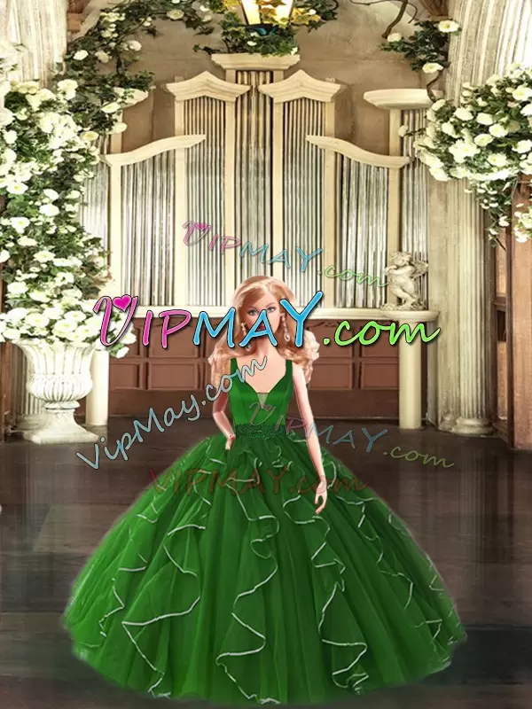 New Arrival Beading and Ruffles Quince Ball Gowns Green Zipper Sleeveless Floor Length