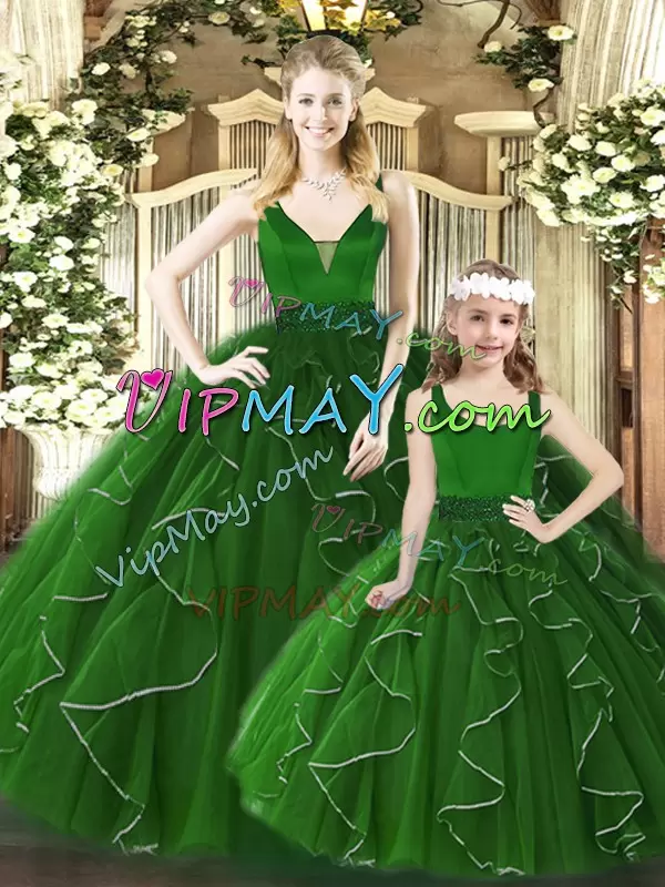 New Arrival Beading and Ruffles Quince Ball Gowns Green Zipper Sleeveless Floor Length