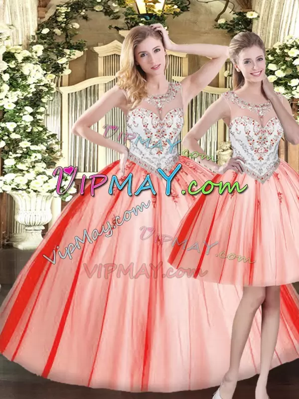 Classical Three Pieces Sweet 16 Dress Red Scoop Tulle Sleeveless Floor Length Zipper