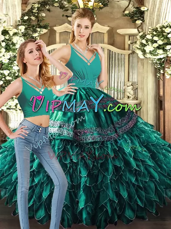 High End Organza V-neck Sleeveless Backless Appliques and Ruffles Sweet 16 Quinceanera Dress in Turquoise