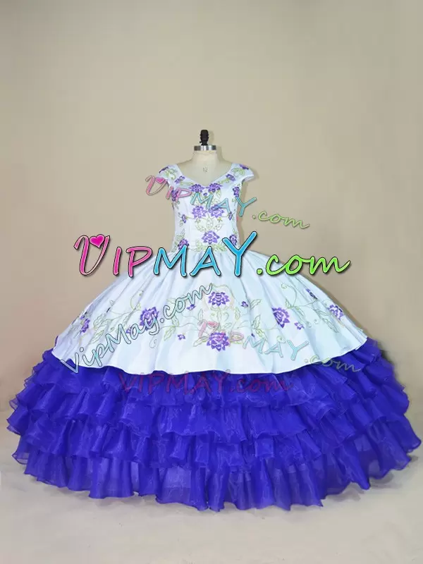 Floor Length Ball Gowns Cap Sleeves White And Purple Quinceanera Dress Lace Up