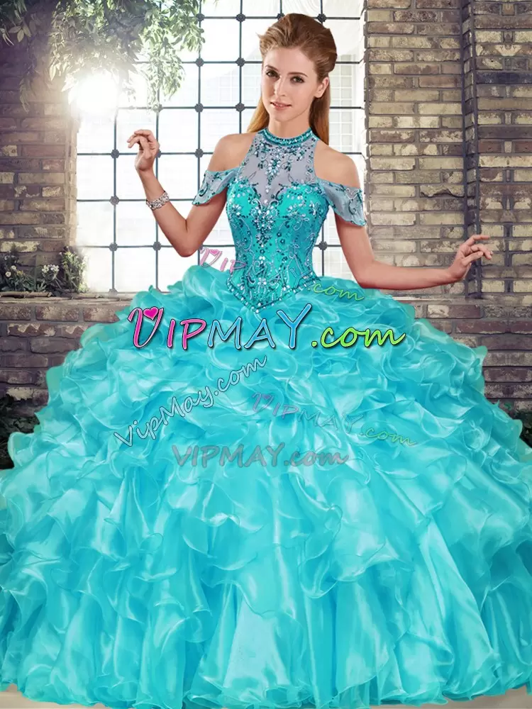 Floor Length Ball Gowns Sleeveless Aqua Blue Vestidos de Quinceanera Lace Up