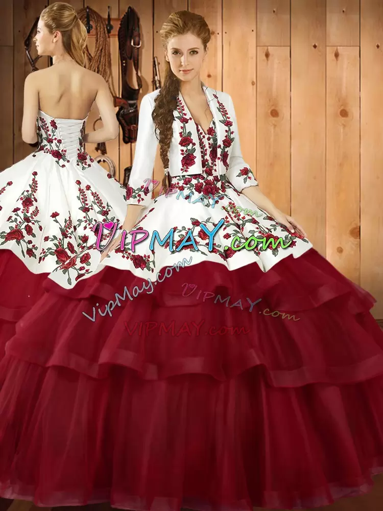 Wine Red Ball Gowns Organza Sweetheart Sleeveless Embroidery Lace Up Quinceanera Gown Sweep Train