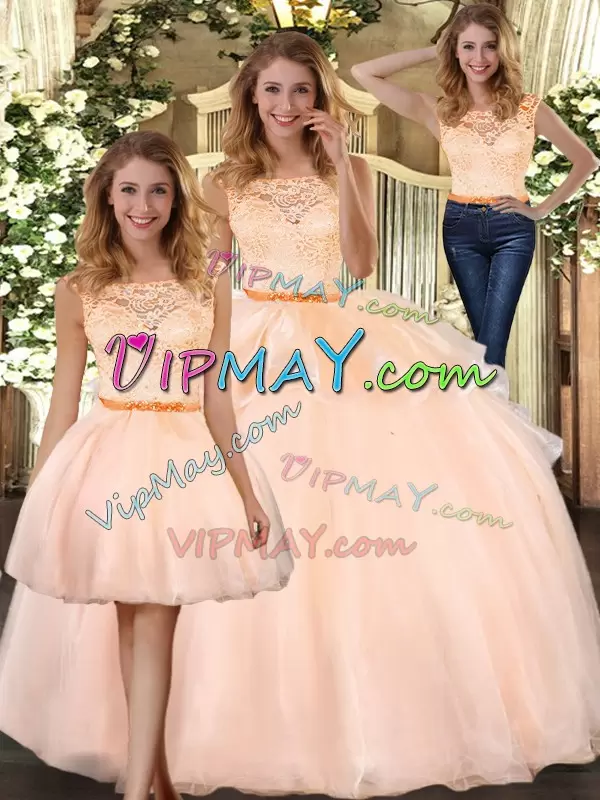 Peach Three Pieces Organza Scoop Sleeveless Lace Floor Length Zipper Quinceanera Dresses