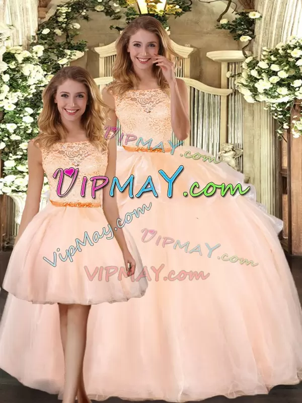 Peach Three Pieces Organza Scoop Sleeveless Lace Floor Length Zipper Quinceanera Dresses