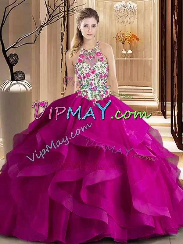 Decent Fuchsia Sleeveless Brush Train Embroidery and Ruffles Quinceanera Dresses