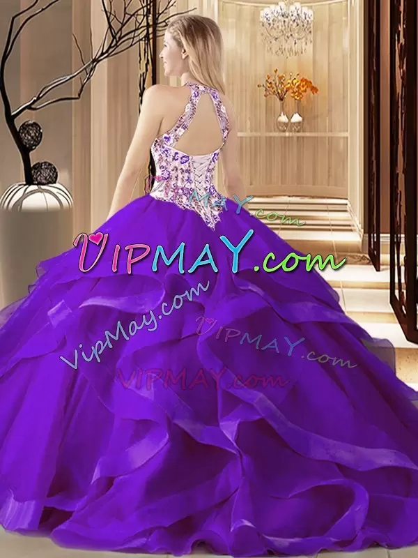 Decent Fuchsia Sleeveless Brush Train Embroidery and Ruffles Quinceanera Dresses