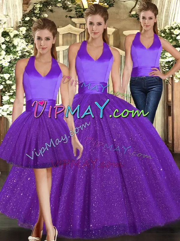 Elegant Halter Top Sleeveless Lace Up Quinceanera Gown Purple Sequined Ruching