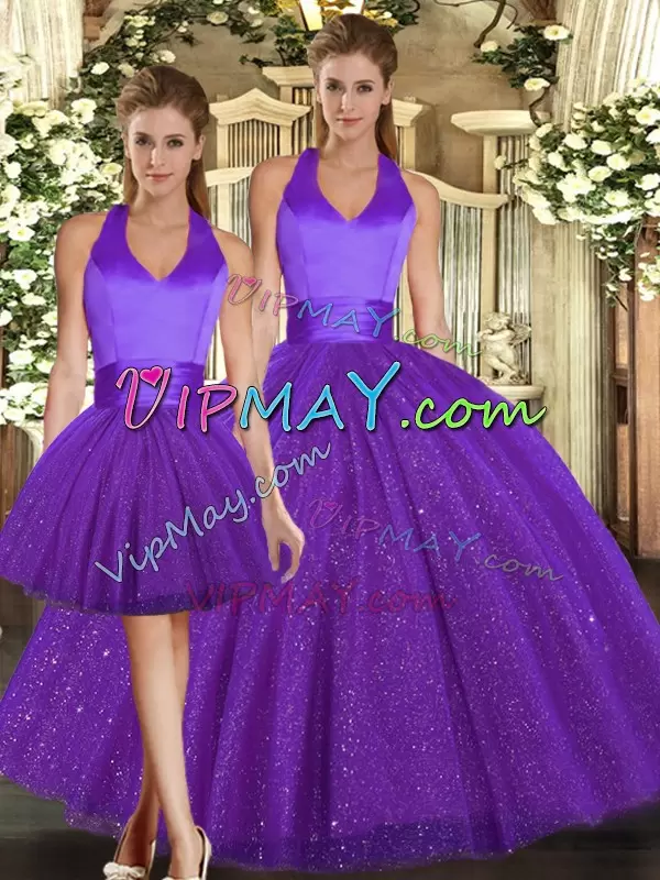 Elegant Halter Top Sleeveless Lace Up Quinceanera Gown Purple Sequined Ruching