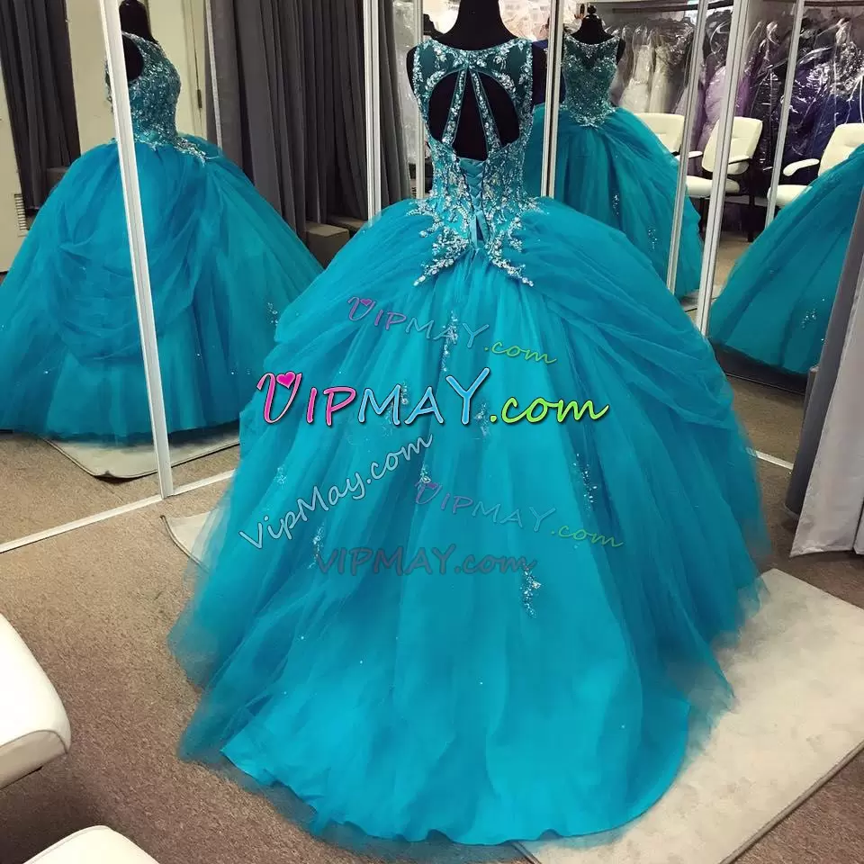 Turquoise Bateau Neck Appliques Tulle Quinceanera Dress for Sale