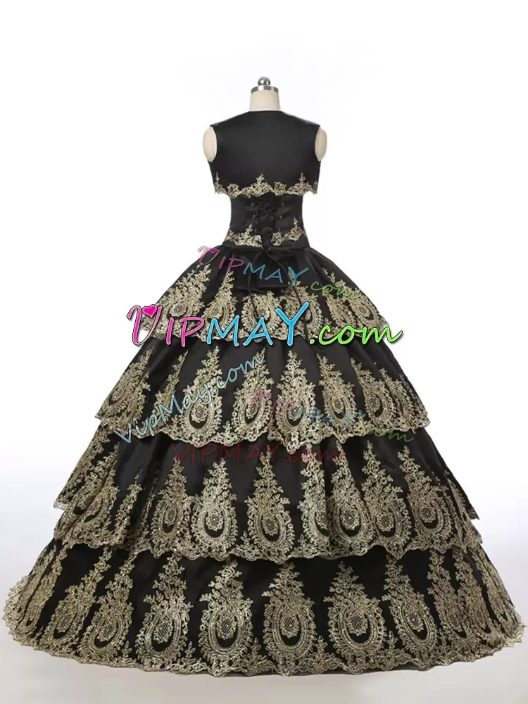 Inexpensive Black Sleeveless Satin Lace Up Quinceanera Dress for Military Ball and Sweet 16 and Quinceanera