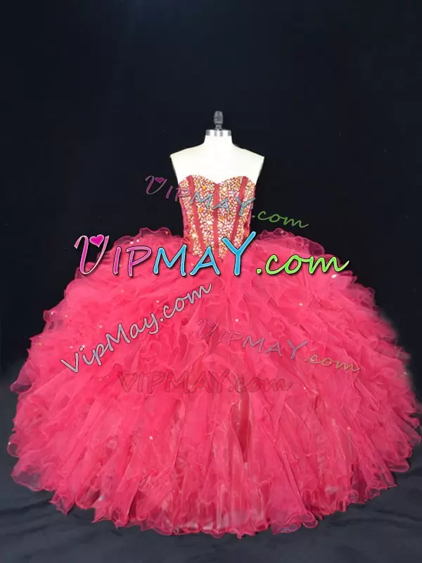 Best Sweetheart Sleeveless Lace Up Sweet 16 Dress Coral Red Tulle Beading and Ruffles