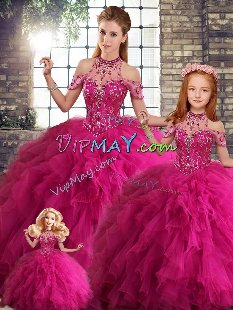 Romantic Halter Top Sleeveless Lace Up Sweet 16 Dress Fuchsia Tulle Beading and Ruffles