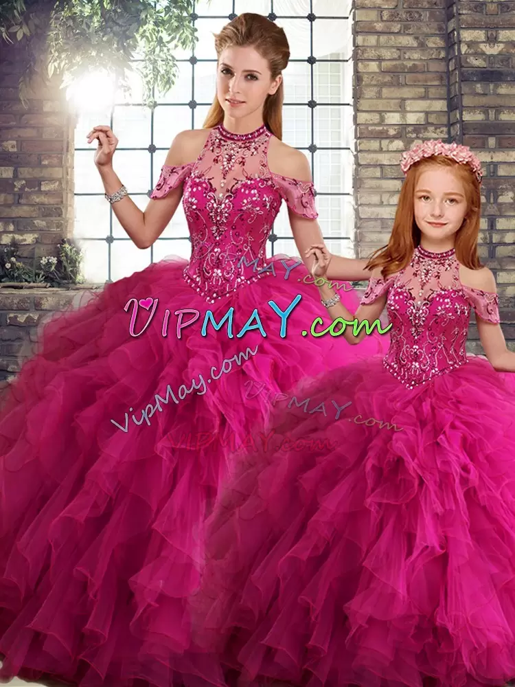 Romantic Halter Top Sleeveless Lace Up Sweet 16 Dress Fuchsia Tulle Beading and Ruffles