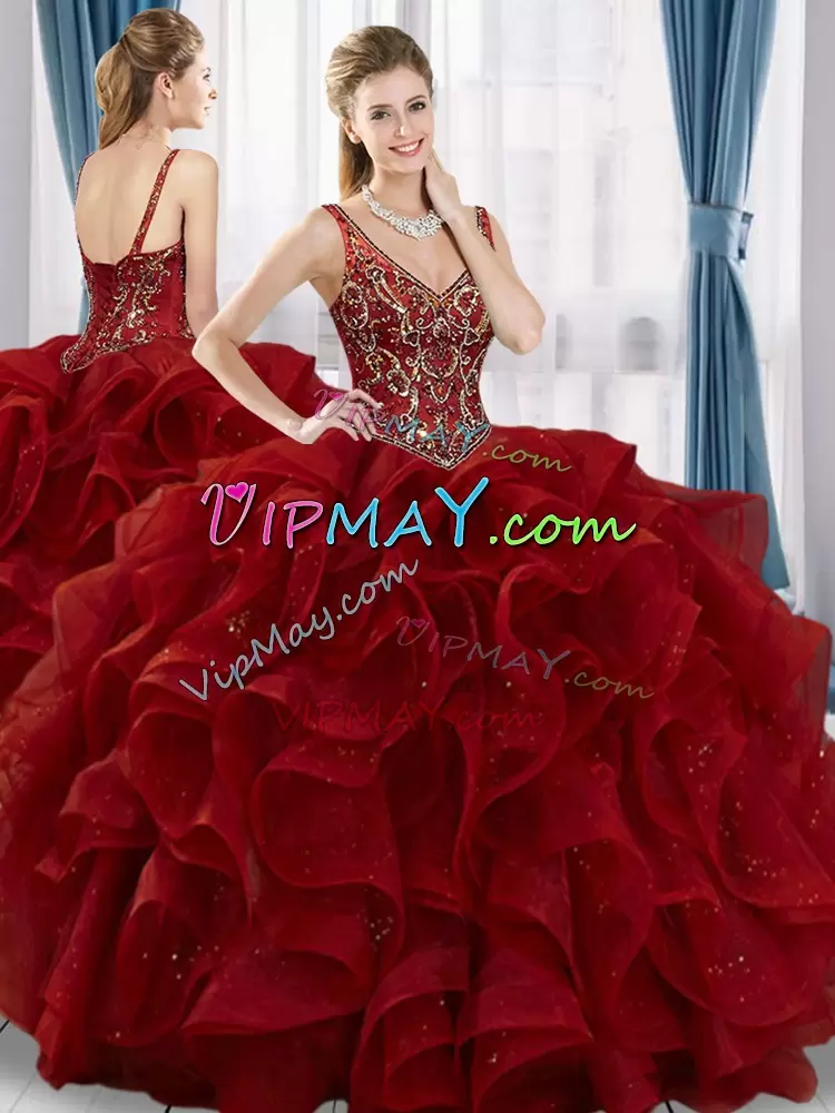 Custom Made Burgundy Quince Ball Gowns Military Ball and Sweet 16 and Quinceanera with Beading and Ruffles V-neck Sleeveless Lace Up