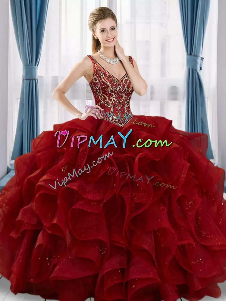 Custom Made Burgundy Quince Ball Gowns Military Ball and Sweet 16 and Quinceanera with Beading and Ruffles V-neck Sleeveless Lace Up