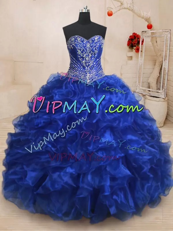 Luxury Royal Blue Sweetheart Lace Up Beading and Ruffles Quince Ball Gowns Brush Train Sleeveless