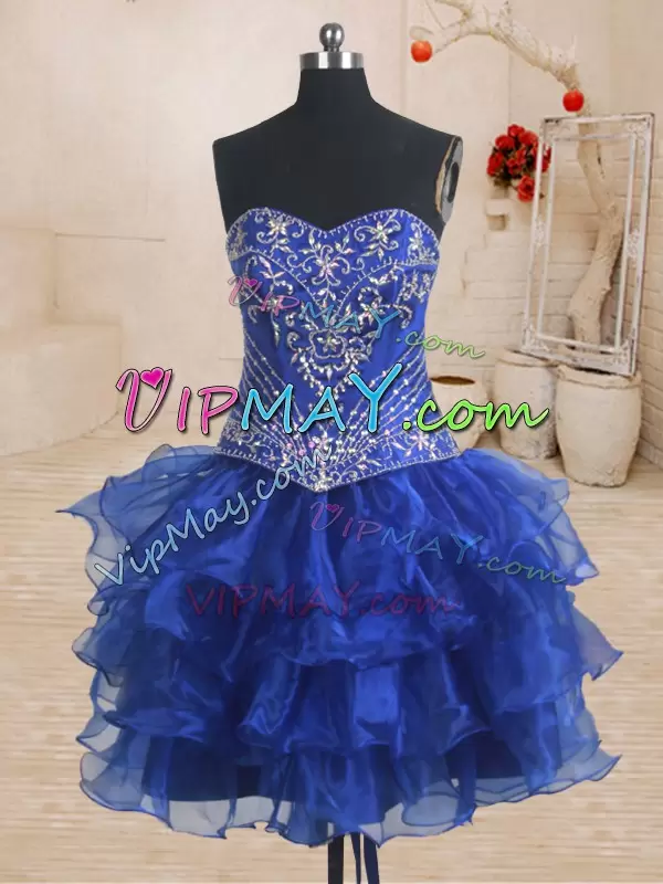 Luxury Royal Blue Sweetheart Lace Up Beading and Ruffles Quince Ball Gowns Brush Train Sleeveless