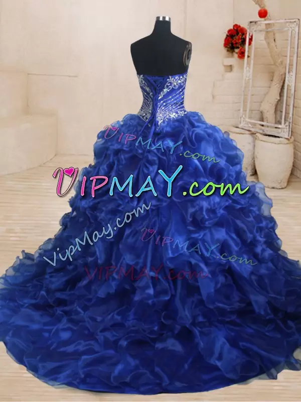 Luxury Royal Blue Sweetheart Lace Up Beading and Ruffles Quince Ball Gowns Brush Train Sleeveless