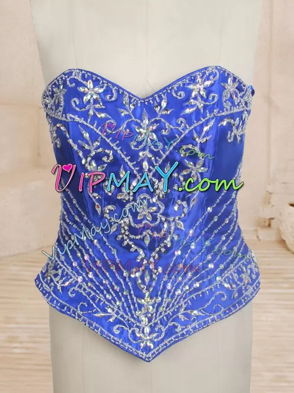 Luxury Royal Blue Sweetheart Lace Up Beading and Ruffles Quince Ball Gowns Brush Train Sleeveless