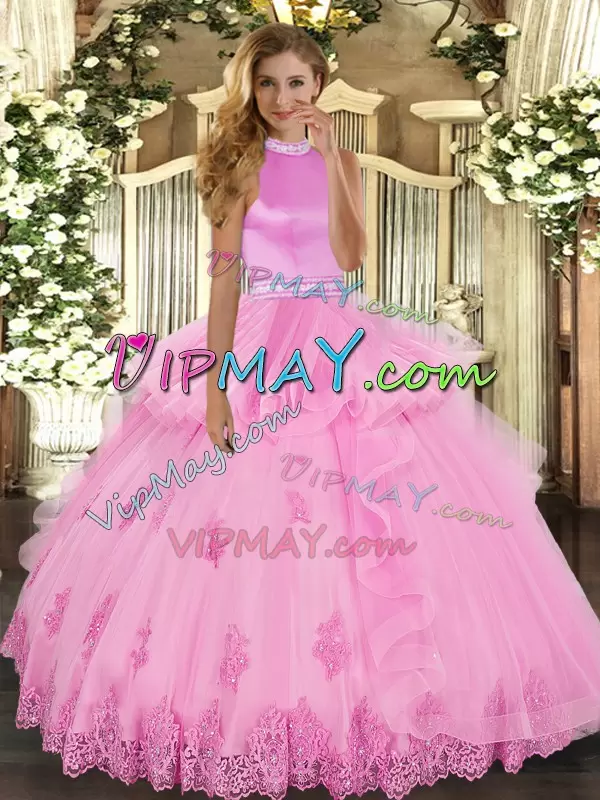 Superior Floor Length Rose Pink Ball Gown Prom Dress Tulle Sleeveless Beading and Ruffles