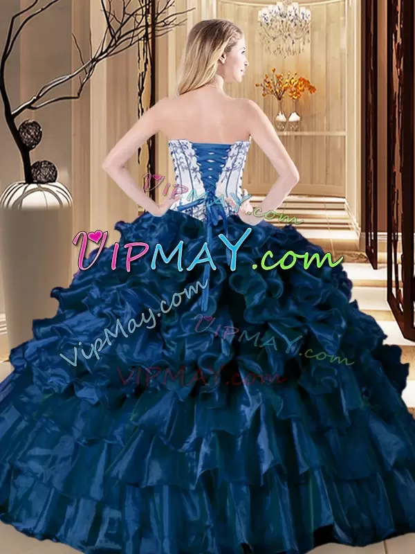 Deluxe Teal Ball Gowns Pick Ups Quinceanera Gowns Lace Up Organza Sleeveless Floor Length