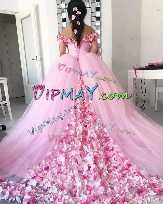 Dazzling Pink Off Shoulder Sweet 16 Dress Hand Made 3D Flowers