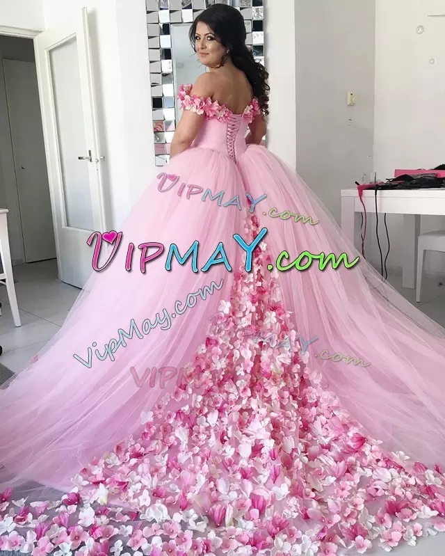 Dazzling Pink Off Shoulder Sweet 16 Dress Hand Made 3D Flowers