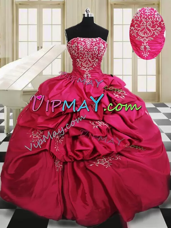 Cute Hot Pink Taffeta Lace Up Strapless Sleeveless Floor Length 15th Birthday Dress Beading and Embroidery and Pick Ups