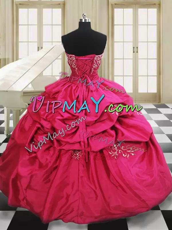 Cute Hot Pink Taffeta Lace Up Strapless Sleeveless Floor Length 15th Birthday Dress Beading and Embroidery and Pick Ups