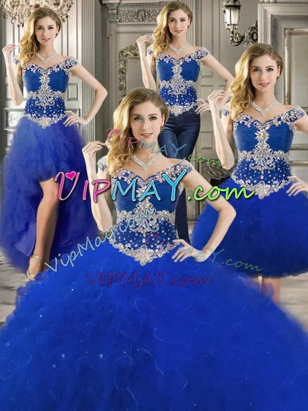 Royal Blue Tulle Zipper Off The Shoulder Sleeveless Floor Length Sweet 16 Quinceanera Dress Beading and Ruffles