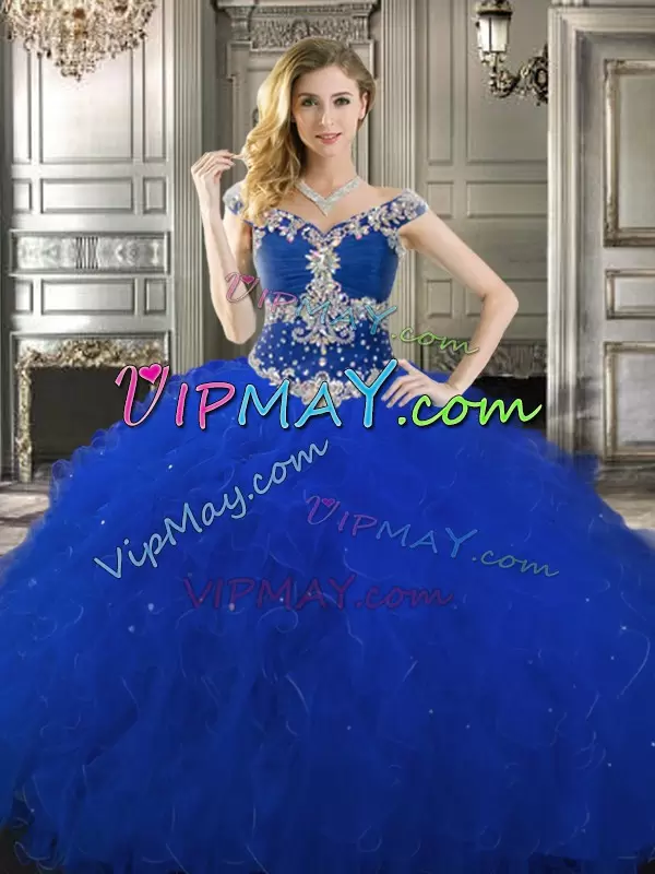 Royal Blue Tulle Zipper Off The Shoulder Sleeveless Floor Length Sweet 16 Quinceanera Dress Beading and Ruffles