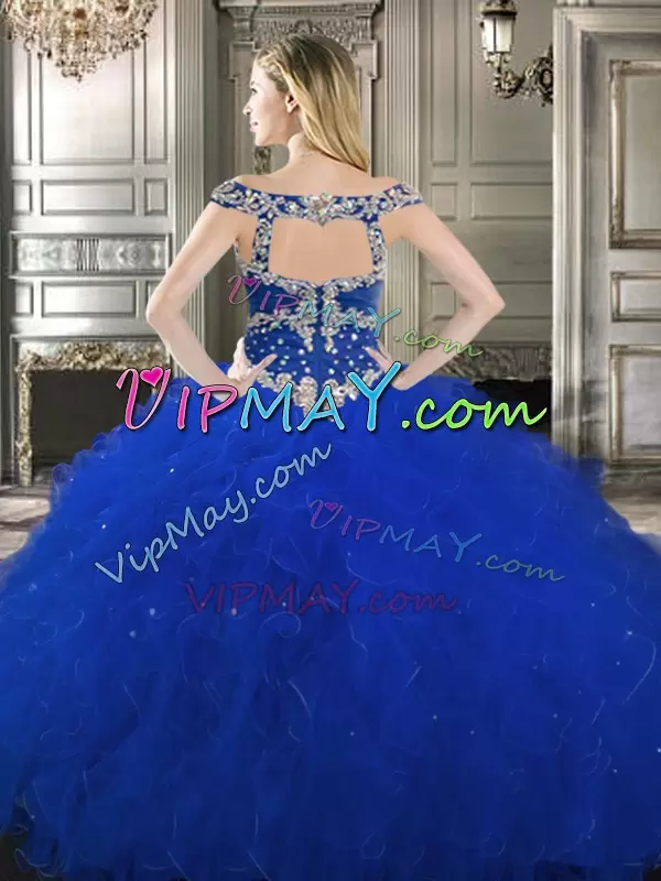 Royal Blue Tulle Zipper Off The Shoulder Sleeveless Floor Length Sweet 16 Quinceanera Dress Beading and Ruffles