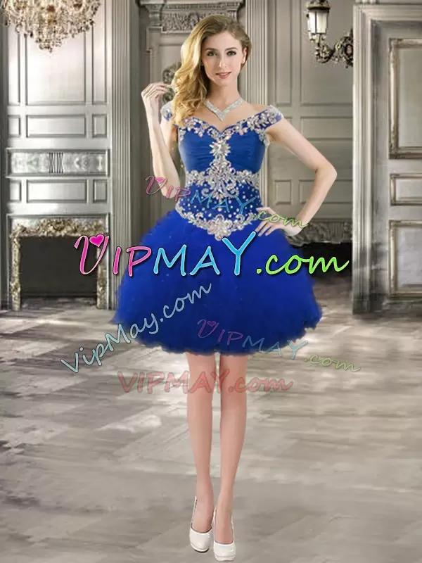 Royal Blue Tulle Zipper Off The Shoulder Sleeveless Floor Length Sweet 16 Quinceanera Dress Beading and Ruffles