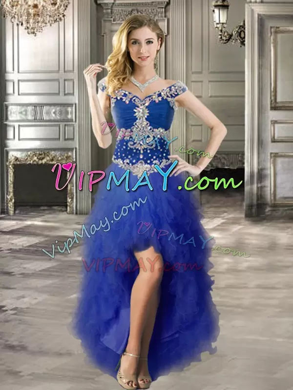 Royal Blue Tulle Zipper Off The Shoulder Sleeveless Floor Length Sweet 16 Quinceanera Dress Beading and Ruffles