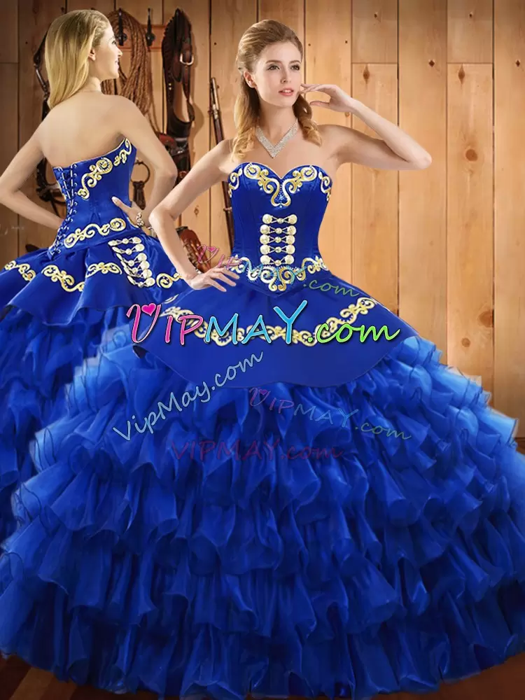 Sleeveless Tulle Floor Length Lace Up Sweet 16 Dresses in Blue with Embroidery and Ruffled Layers