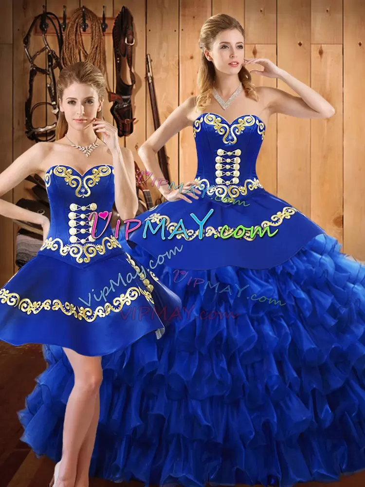 Sleeveless Tulle Floor Length Lace Up Sweet 16 Dresses in Blue with Embroidery and Ruffled Layers