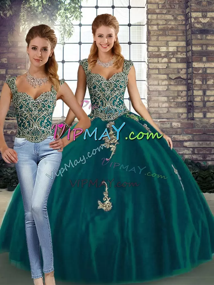 Peacock Green Two Pieces Tulle Straps Sleeveless Beading and Appliques Floor Length Lace Up Sweet 16 Quinceanera Dress