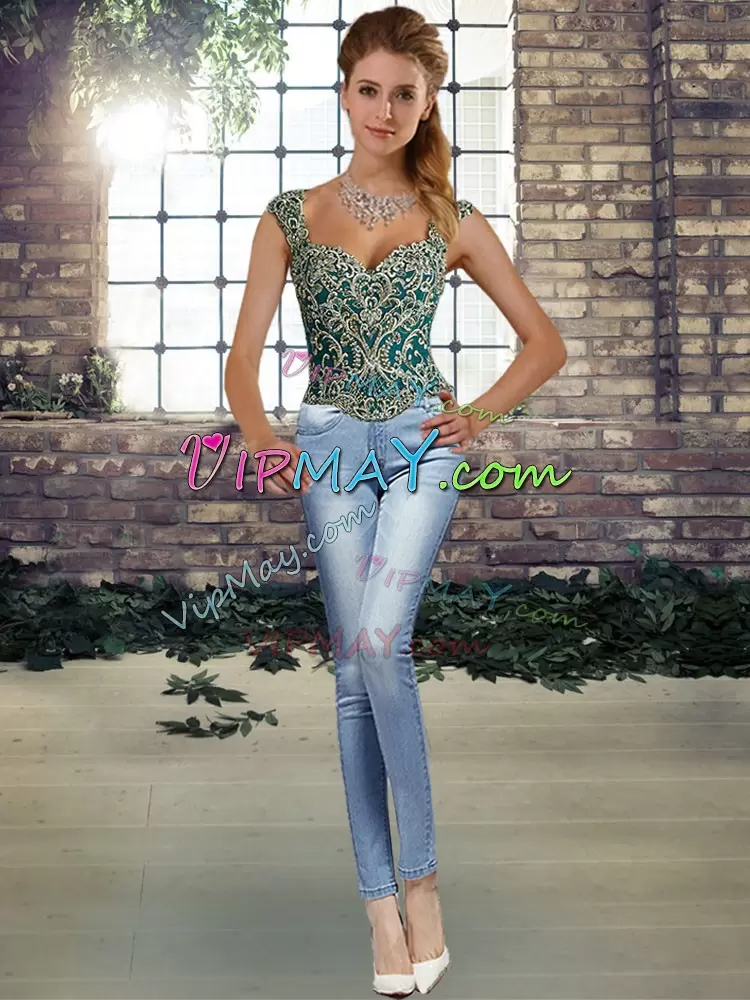 Peacock Green Two Pieces Tulle Straps Sleeveless Beading and Appliques Floor Length Lace Up Sweet 16 Quinceanera Dress