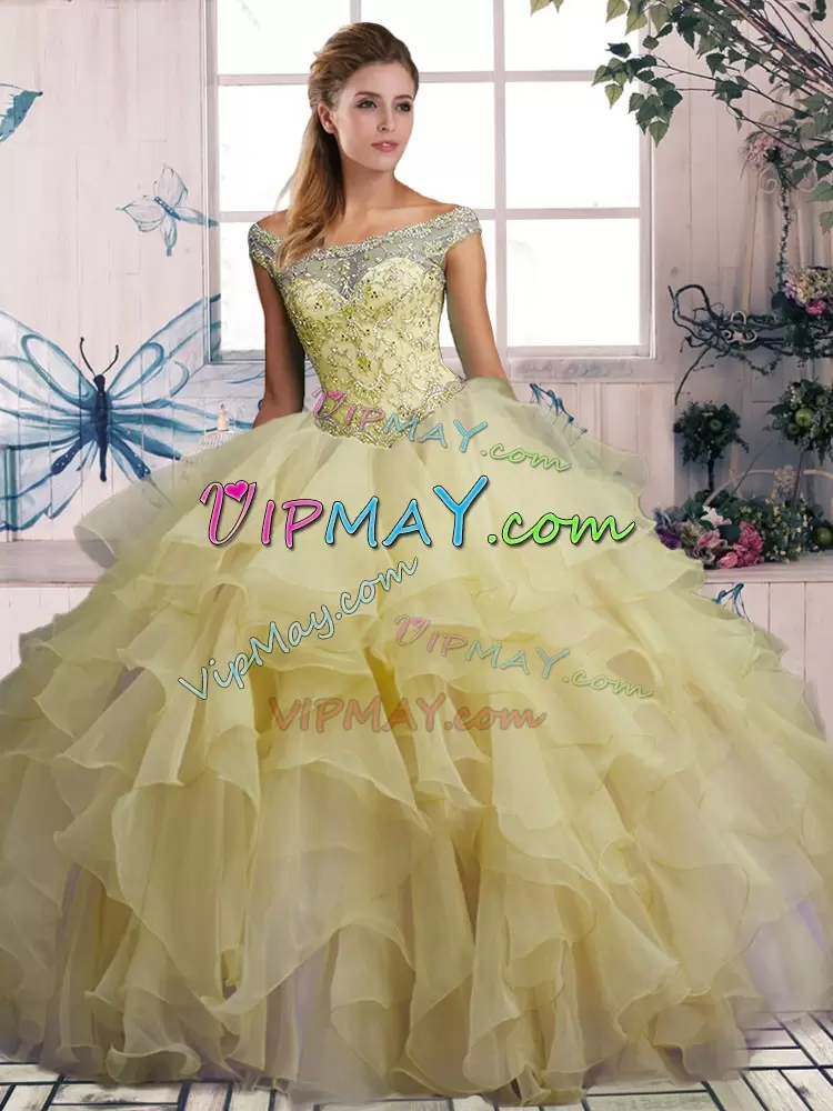 Dazzling Yellow Off The Shoulder Neckline Beading and Ruffles Ball Gown Prom Dress Sleeveless Lace Up